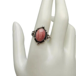 Vintage Sterling Silver Pink Rhodochrosite Ring Ornate Band Size 10